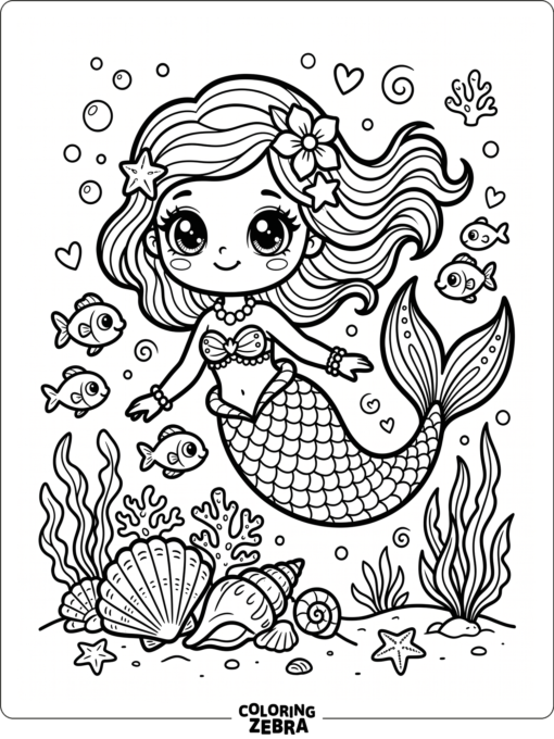 A kawaii mermaid with big eyes and tiny fish