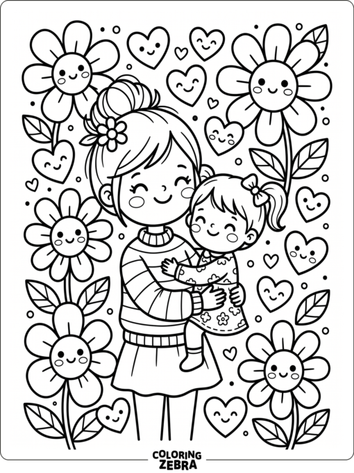 Kawaii mom and child with oversized flowers and hearts