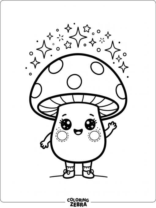 A kawaii mushroom with cheeks, sparkles, and small feet