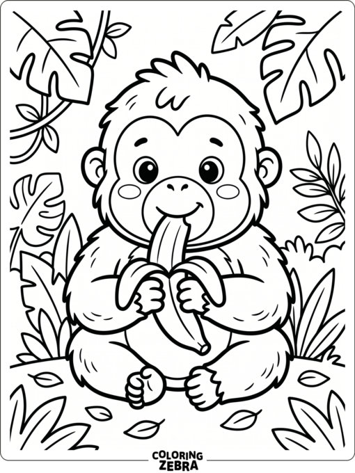 A kawaii orangutan holding a banana with a sweet round face