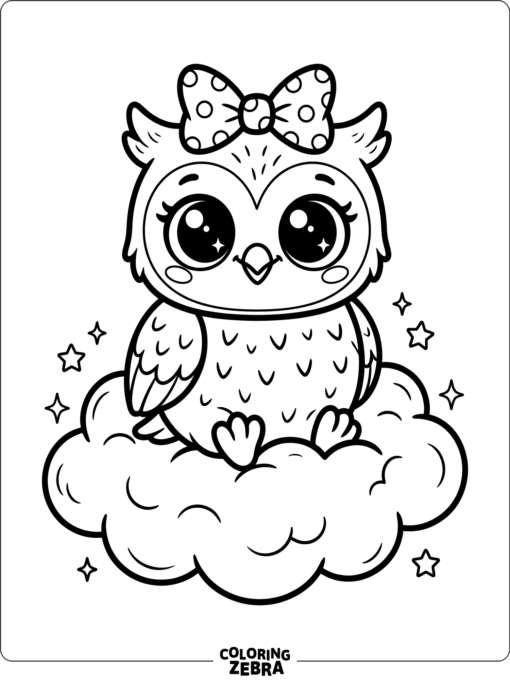 A kawaii owl with big eyes and a bow on a cloud