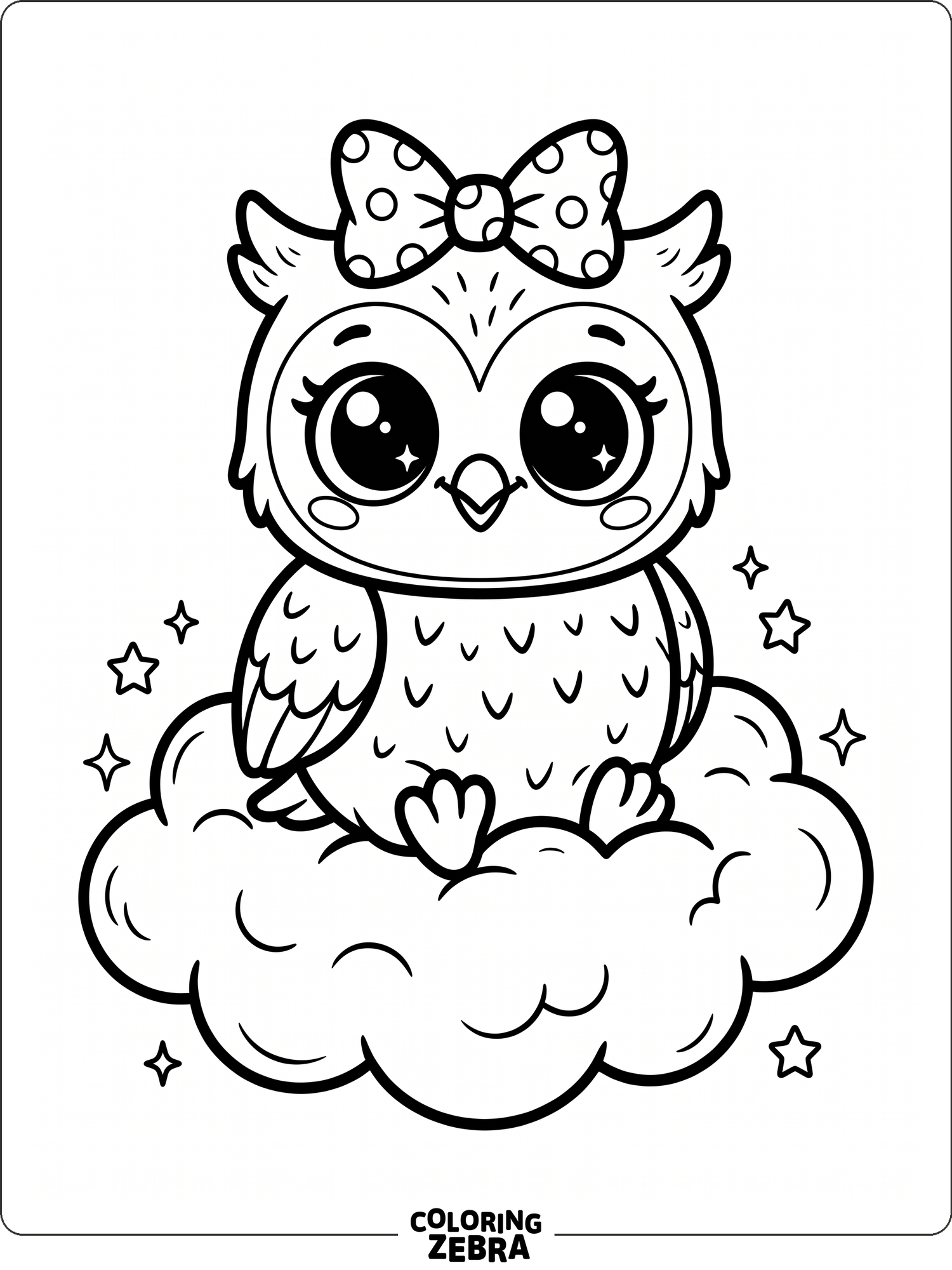 A kawaii owl with big eyes and a bow on a cloud