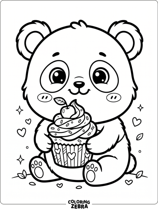 A kawaii panda with tiny paws holds a cupcake