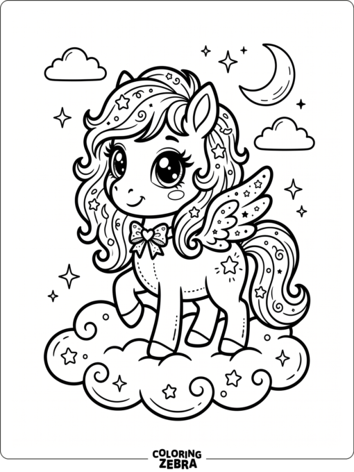 A kawaii pegasus with big eyes and a bow