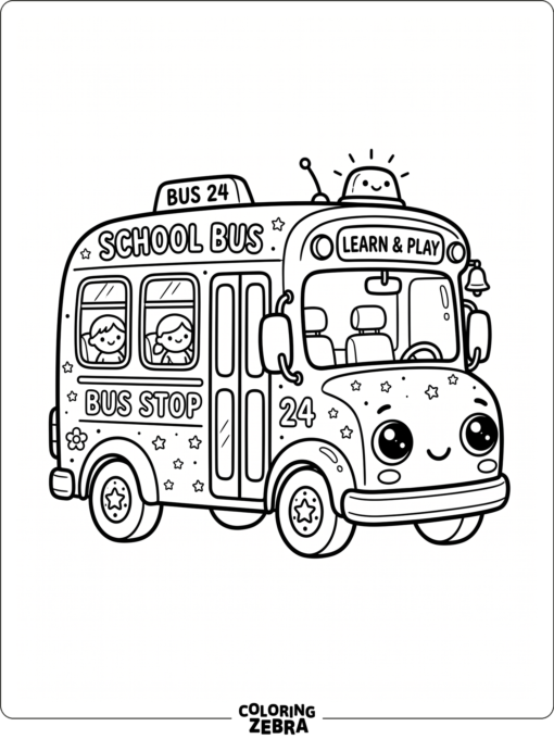 A cute kawaii school bus with star decals and big eyes