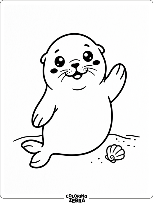 A kawaii seal waving beside a seashell