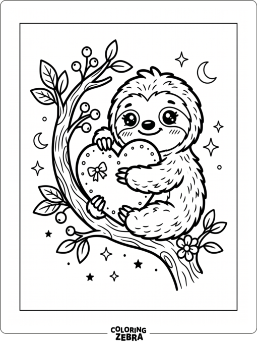 A cute baby sloth hugging a heart on a branch
