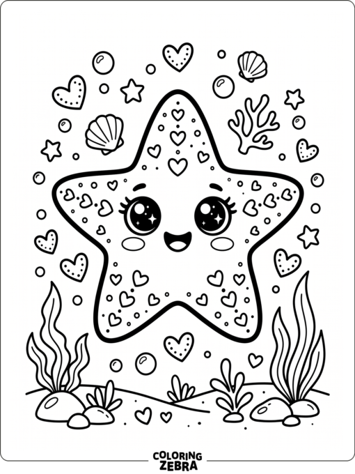 A kawaii starfish with sparkly eyes and sea hearts