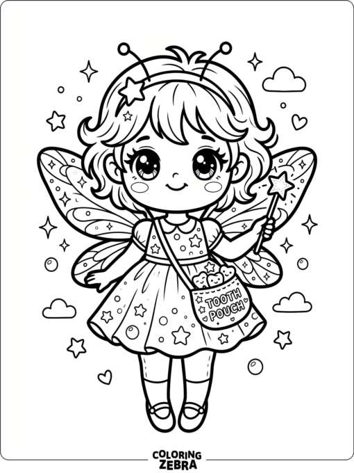 A kawaii tooth fairy with big eyes and tiny wings