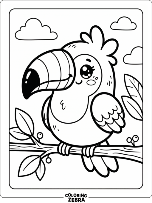 A kawaii toucan with a round face and tiny wings