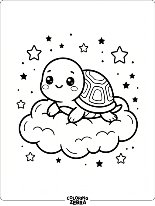 A kawaii turtle sitting on a cloud with stars