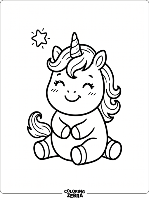 A kawaii unicorn sitting with a tiny star