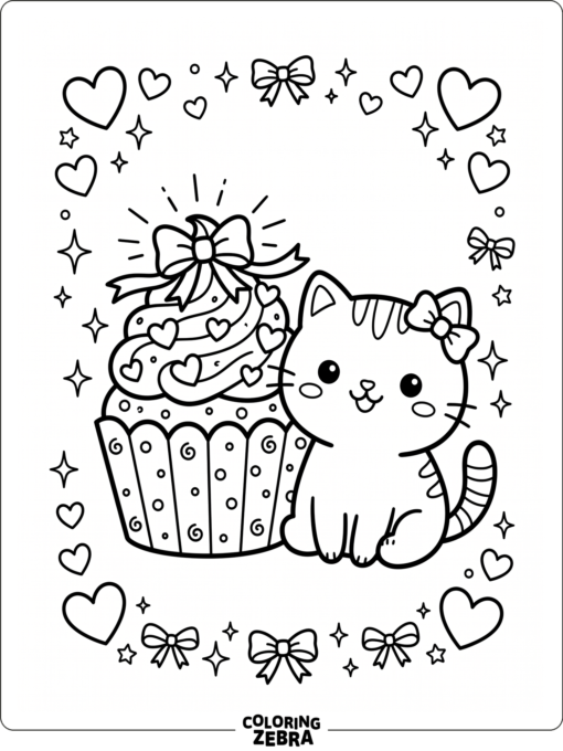 Kawaii cat and cupcake with hearts and bows