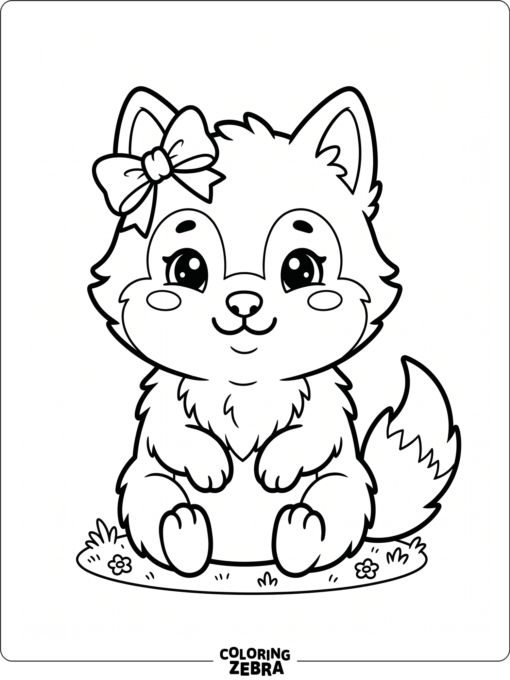 A kawaii wolf with round cheeks and a bow