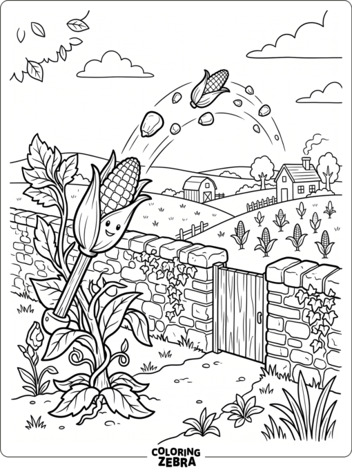 Kernel-pult firing corn toward a low wall in a simple garden scene