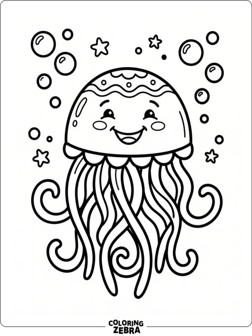 A smiling jellyfish with wavy tentacles and bubbles