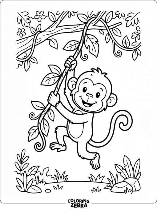 A happy monkey swinging on a vine