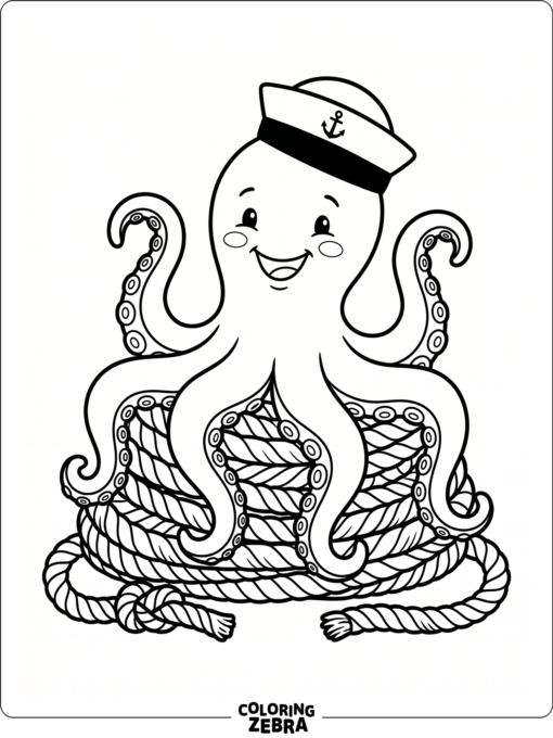 A smiling octopus in a sailor hat on a rope