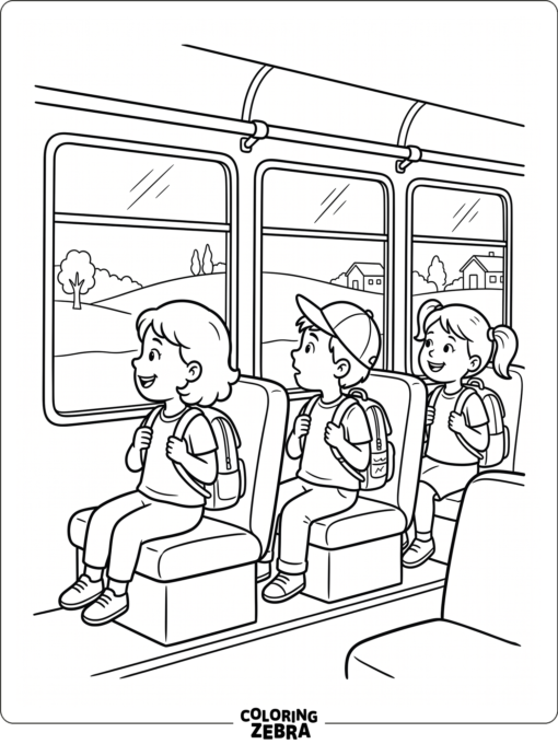 Kids riding in a school bus with backpacks