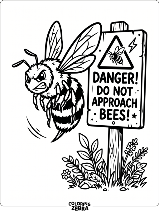 A strong bee flying near a warning sign