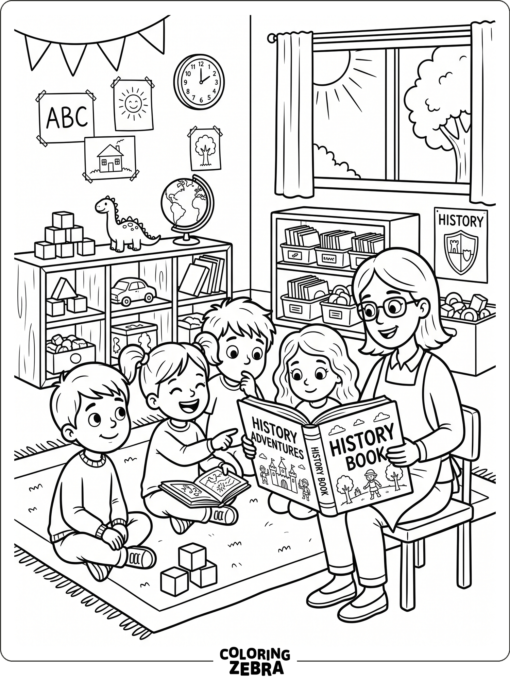 Children reading a history book in class