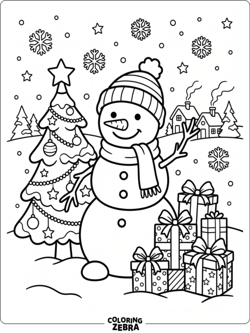 En enkel julbild med julklappar och en snögubbe