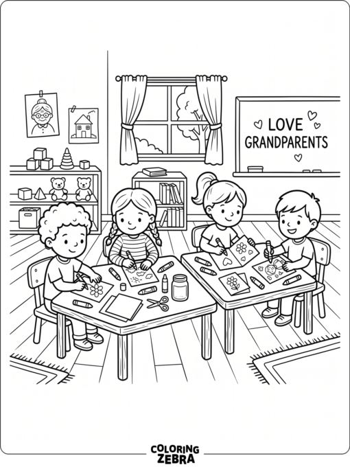 Kindergarten children make cards for grandparents in a classroom