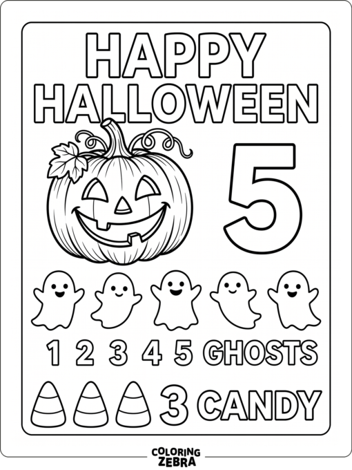 A simple Halloween counting page with letters, pumpkins, and shapes