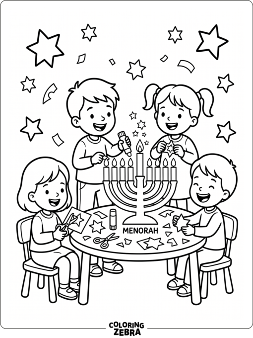 Kindergarten children making a paper menorah with stars