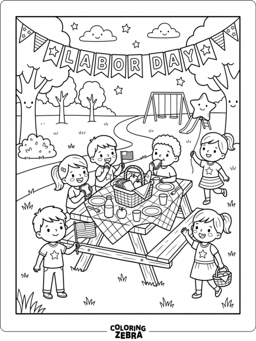 Kindergarten Labor Day page with a banner and stars