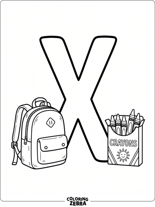 An uppercase X with a school bag and crayons