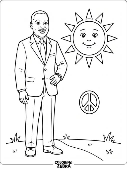 Martin Luther King Jr. standing beside a sun and peace sign