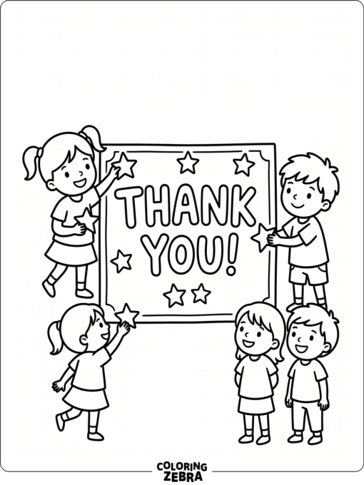 Kindergarten children decorating a thank you sign with stars