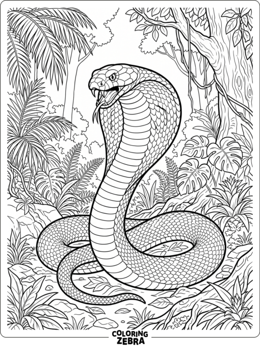 A king cobra with a wide hood in a jungle clearing