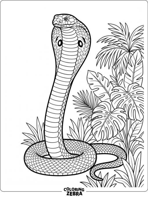 A king cobra rising tall beside jungle leaves