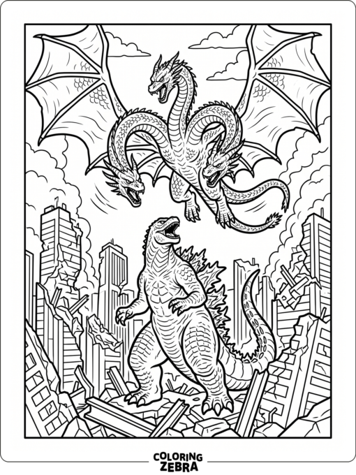 A giant three-headed monster looms over a ruined skyline beside Godzilla