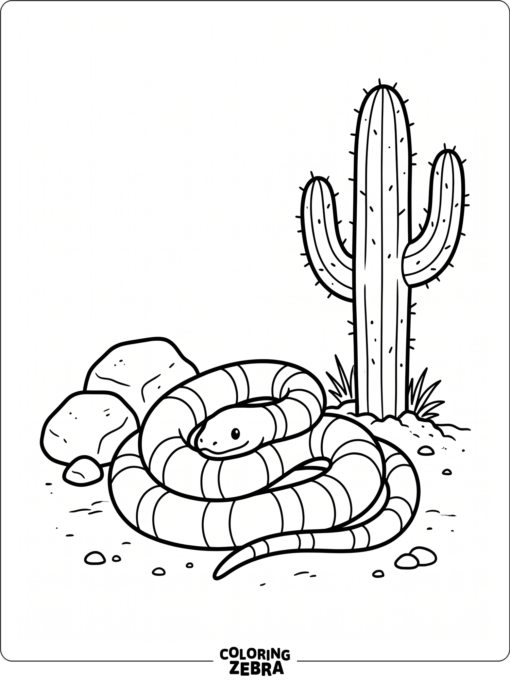 A king snake coiled near desert stones