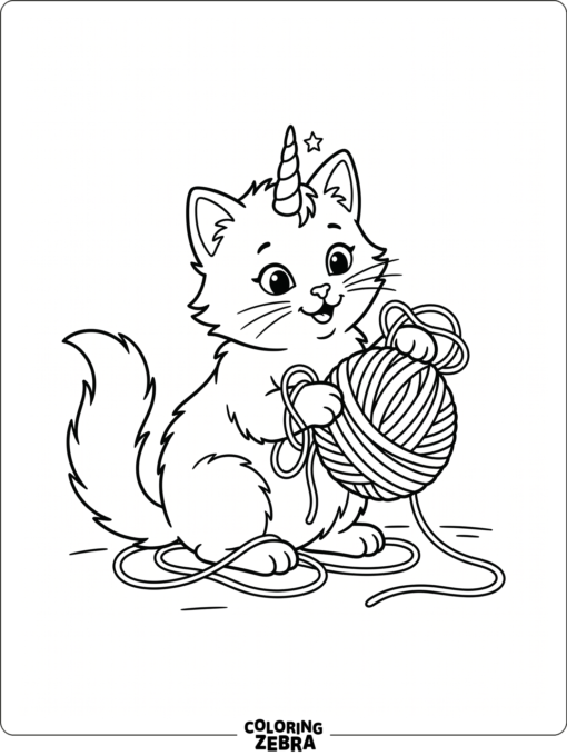 A kitten caticorn playing with yarn