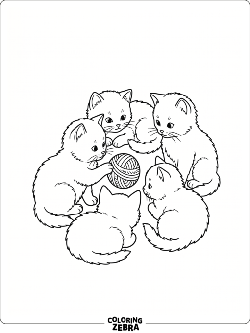 A kitten family gathered around a toy ball