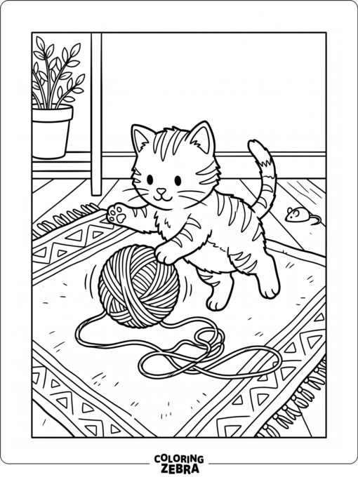 A kitten plays with yarn on a simple rug