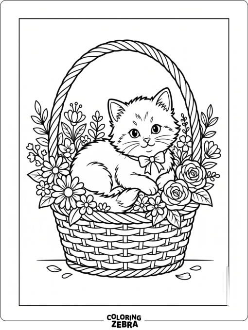 A kitten in a basket surrounded by flowers