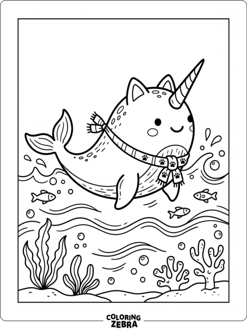 A narwhal with cat ears and a scarf