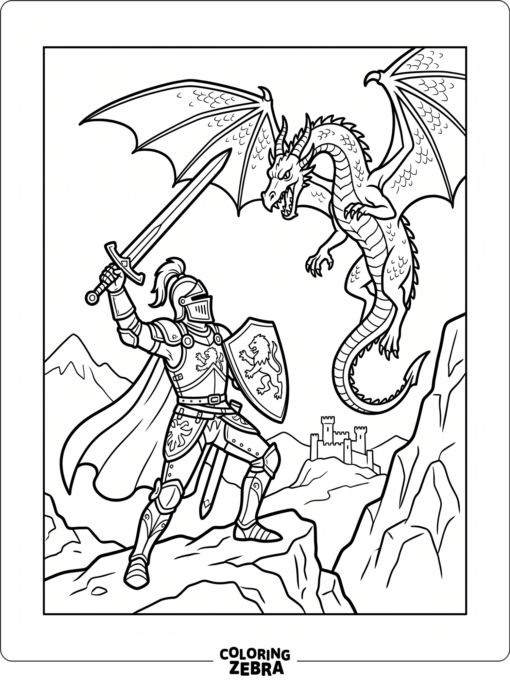 A knight facing a winged dragon with a raised sword