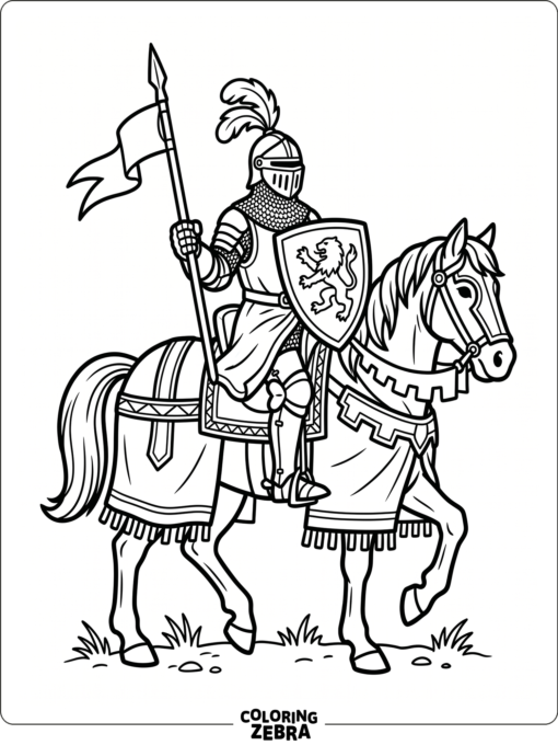 A knight riding a horse with a shield