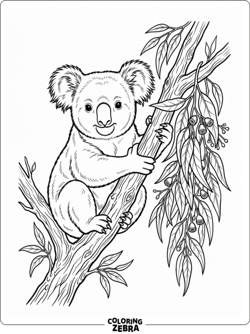 A koala sitting by a hanging eucalyptus sprig