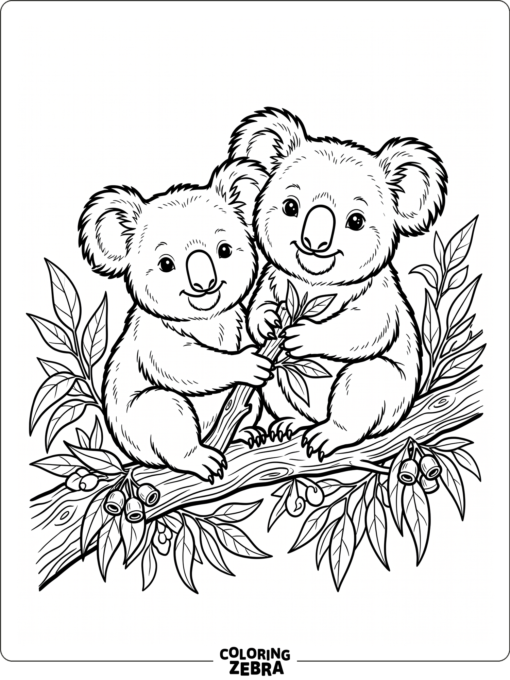 Two koalas sitting together on a branch