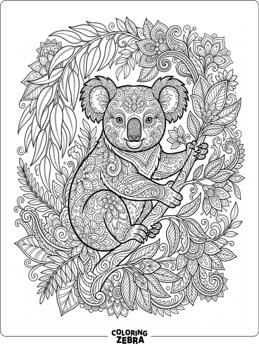 A koala with decorative leaves and flowers