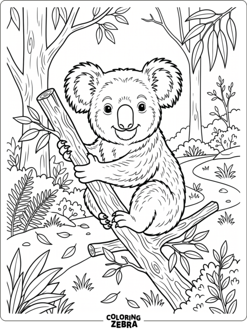 A smiling koala on a branch
