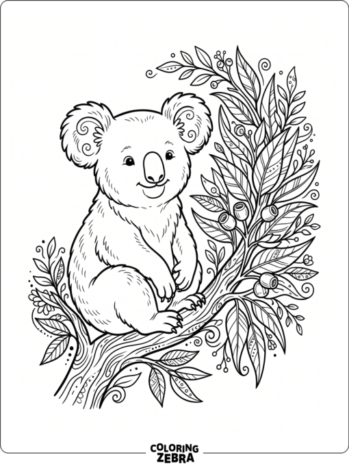 A koala sitting beside eucalyptus leaves
