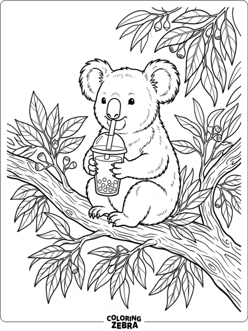 A koala sipping boba tea on a branch
